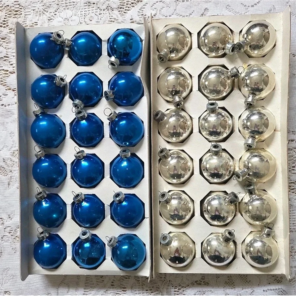 2 Pkgs Pyramid Glass Christmas Ornaments Blue & Silver 18 of Each Vintage Decor